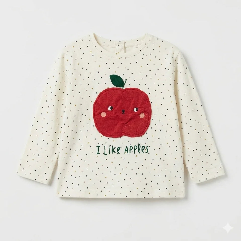 Zara Baby Girl's White " I Like Apple" All Over Polka Dot Long Sleeve Blouse | Zara In Lebanon