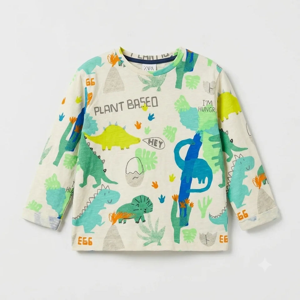 Zara Baby Boy's Beige All Over Dino Graphic Print Long Sleeve Blouse | Zara In Lebanon