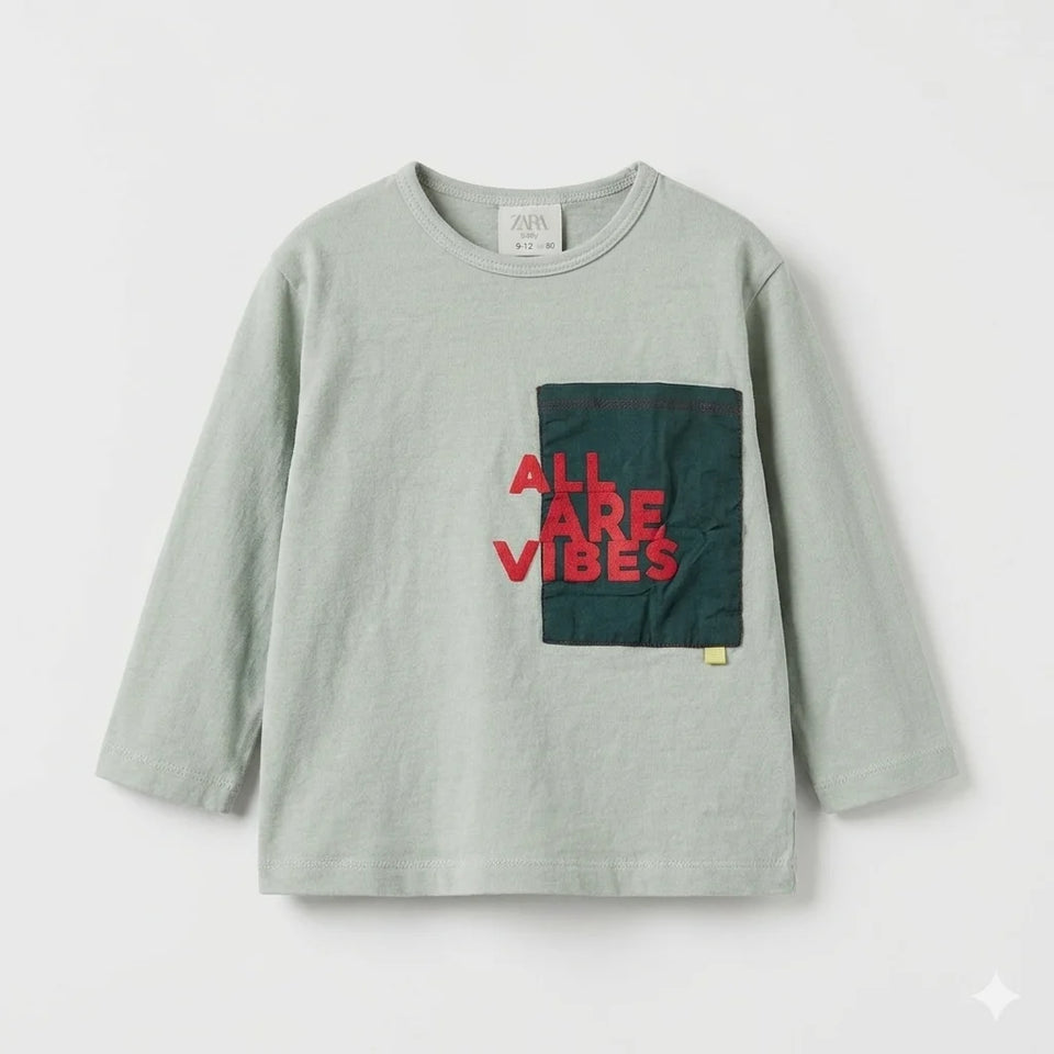 Zara Baby Boy's Sage Green "All Are Vibes" Chest Pocket Long Sleeve Blouse | Zara In Lebanon