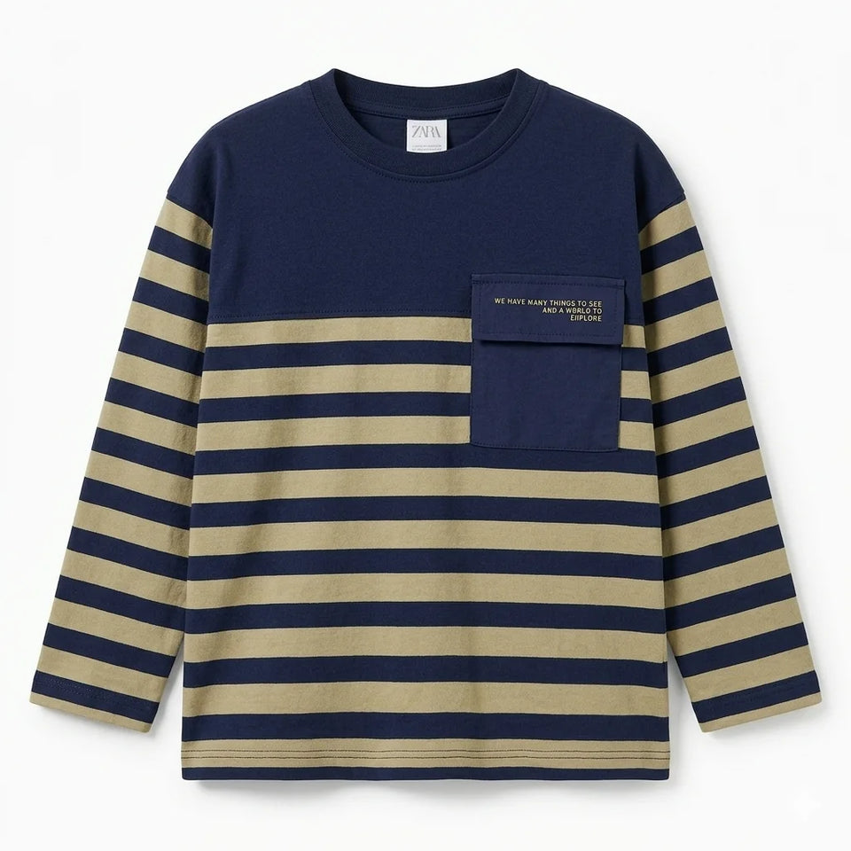 Zara Boy's Navy/Beige Striped With Chest Pocket Long Sleeve Blouse | Zara In Lebanon