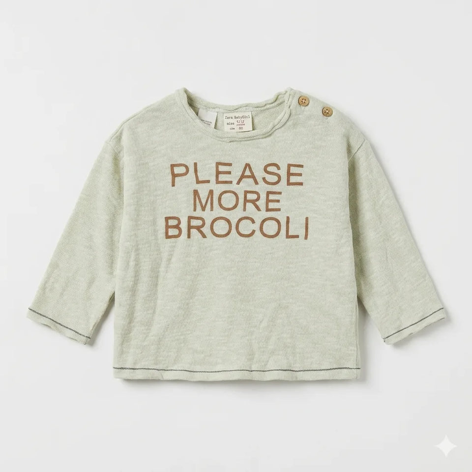 Zara Baby Girl's Sage Green " Please More Brocoli" Long Sleeve Blouse | Zara In Lebanon