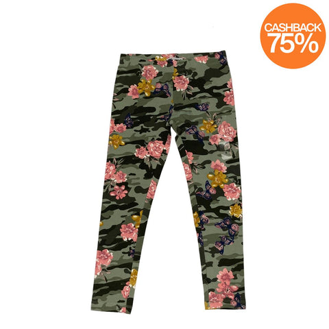 Floral and camouflage patterned leggings with a brand tag on a white background