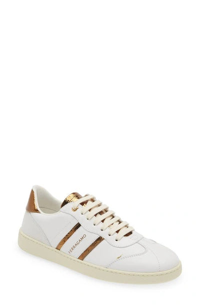 FERRAGAMO Achille 2 Low Top Sneaker In White & Gold