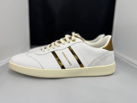 FERRAGAMO Achille 2 Low Top Sneaker In White & Gold