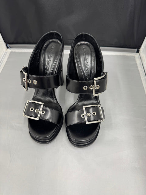 Alexander McQueen Luxury Black Buckle Platform Sandal Heels