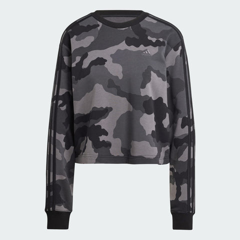 Adidas Women's Black Essentials 3-Stripes Camo-Print Cropped Sweatshirt | Adidas In Lebanon