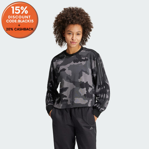 Adidas Women's Black Essentials 3-Stripes Camo-Print Cropped Sweatshirt | Adidas In Lebanon