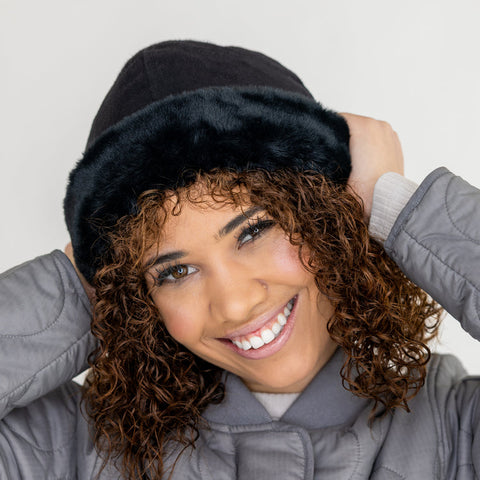Isotoner Women's Black Microsuede with Faux Fur Cuff  Hat  |Isotoner  in Lebanon
