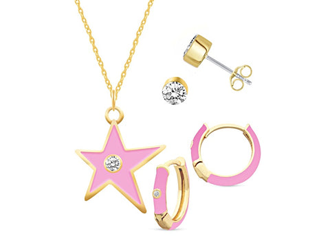 Royal Aura Women's Gold-Tone White Crystal and Pink Enamel Brass Jewelry Set- Huggies |Royal Aura In Lebanon