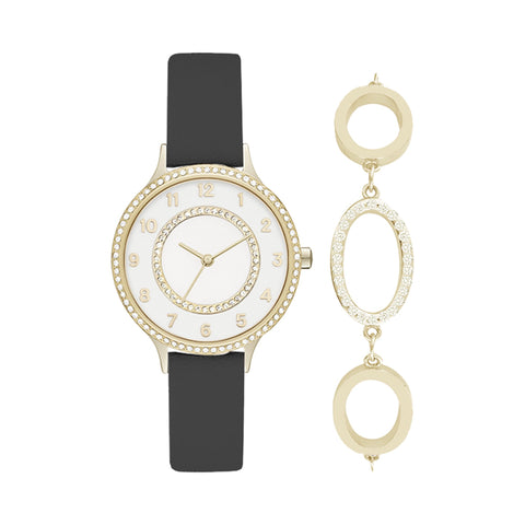 Black watch with gold bezel and white face, accompanied by a decorative gold pendant on a white background