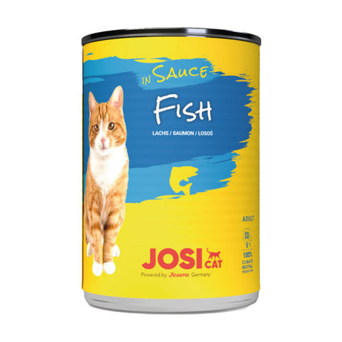 Can of Joshi Cat food with a cat on the label against a white background