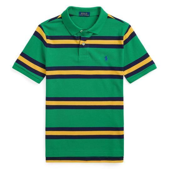 Green and yellow striped polo shirt with Ralph Lauren logo on a white background