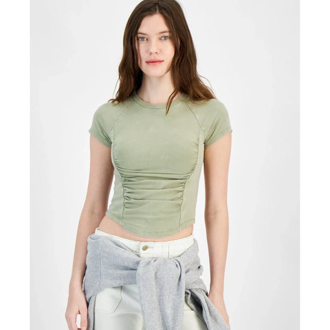 Just Polly Women's Sage Green Crewneck Ruched-Front Baby Blouse |Just Polly In Lebanon