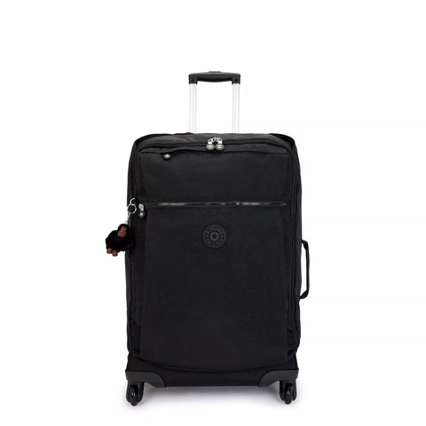Black suitcase with a visible brand logo on a white background