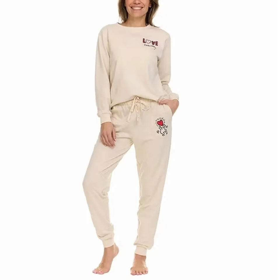 Keith Haring Women's Beige Long Sleeve Crew Pajama Set