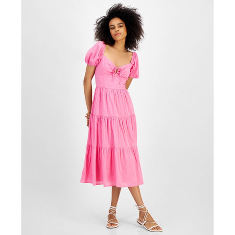 Kingston Grey Women's Pink Textured Puff-Sleeve Tiered Midi Dress | Kingston Grey in Lebanon