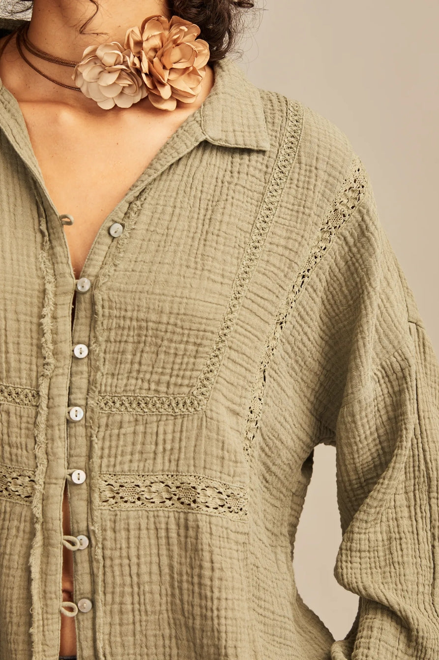 Lucky Brand Women's Olive Green  Lace Trim Shirt |Lucky Brand  in Lebanon