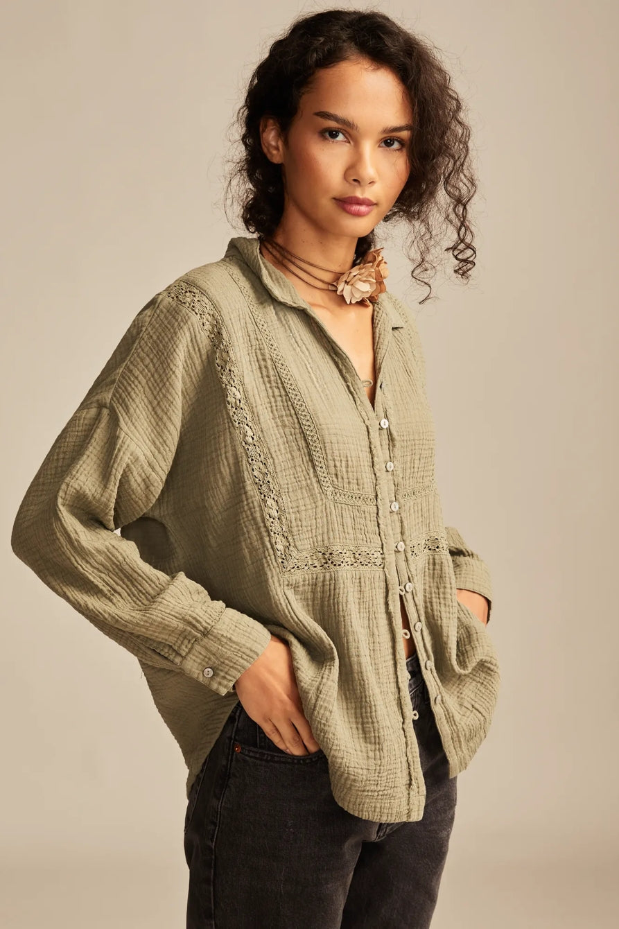 Lucky Brand Women's Olive Green  Lace Trim Shirt |Lucky Brand  in Lebanon