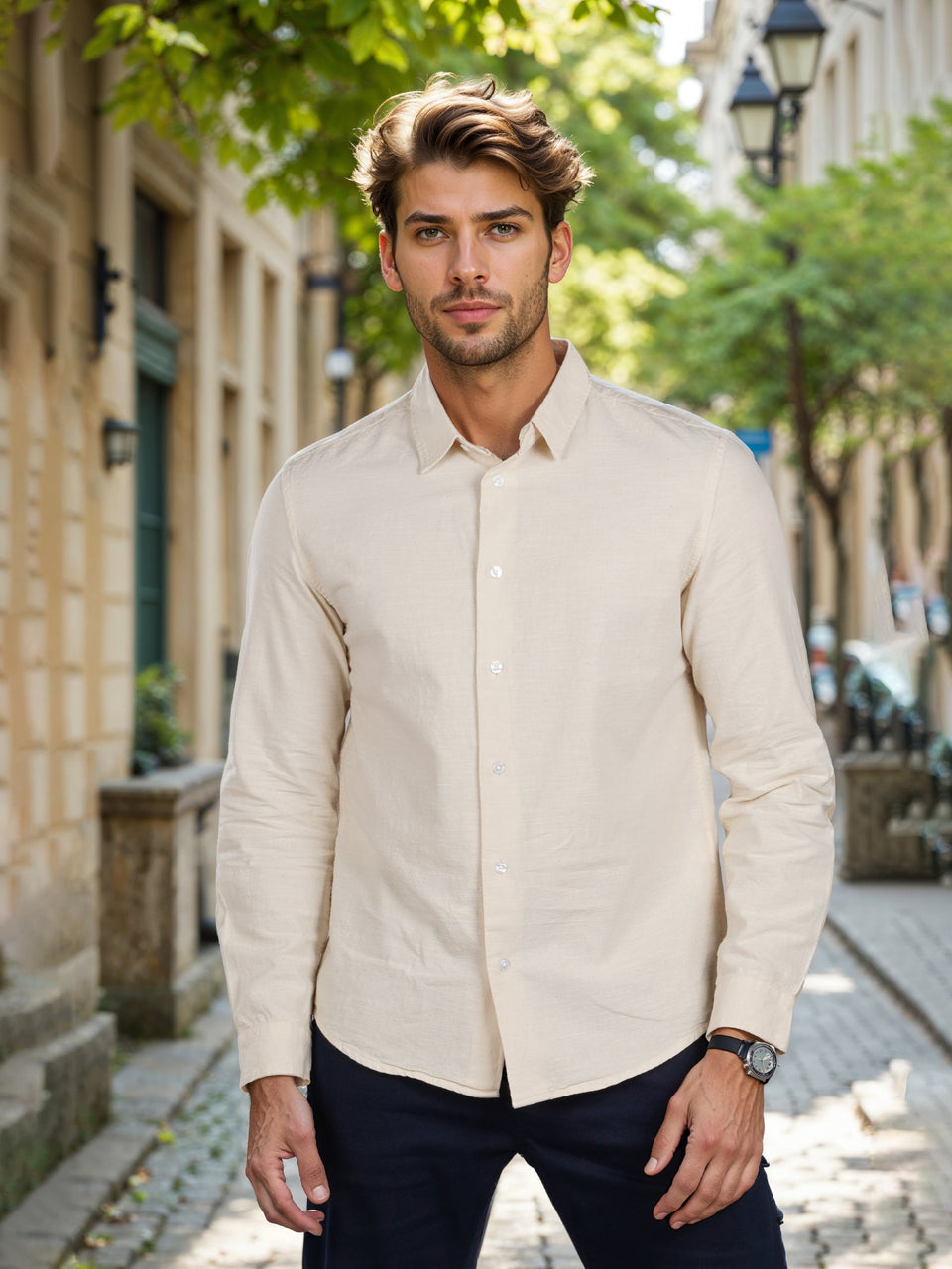 Celio Men's Beige Regular Fit Pleated 100% Cotton Shirt | Celio In Lebanon