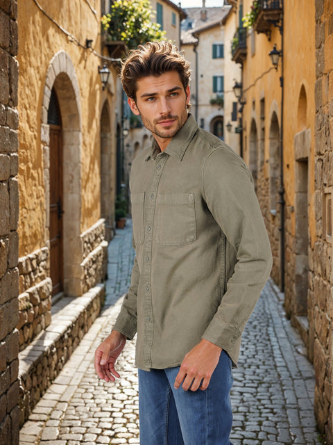 Celio Men's Khaki Green Solid Oversized Cotton-Blend Shirt | Celio In Lebanon