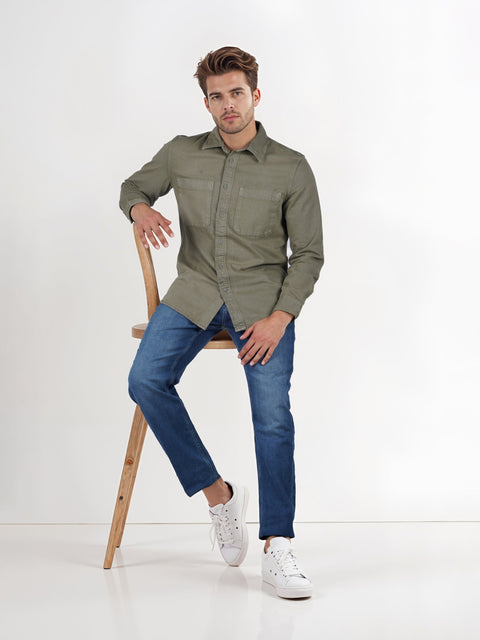 Celio Men's Khaki Green Solid Oversized Cotton-Blend Shirt | Celio In Lebanon