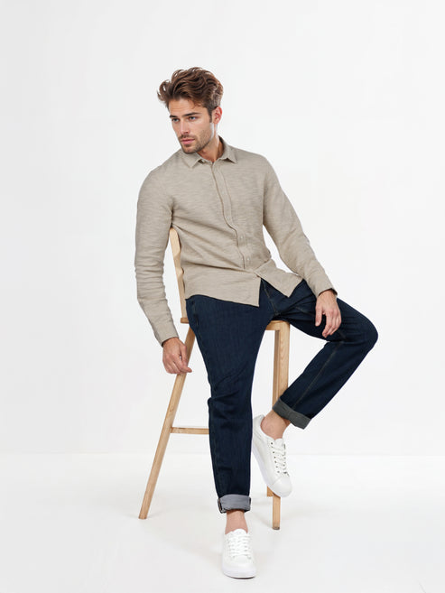 Celio Men's Beige Regular Fit Poly-Cotton Long-Sleeve Shirt | Celio In Lebanon