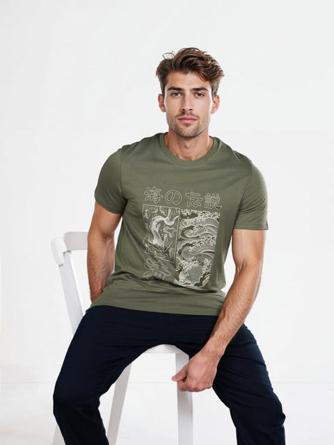 Celio Men's Olive Green Printed Regular Fit Cotton T-Shirt | Celio In Lebanon