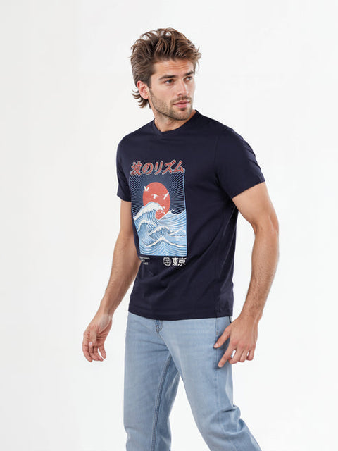 Celio Men's Navy Printed Regular Fit Cotton T-Shirt | Celio In Lebanon
