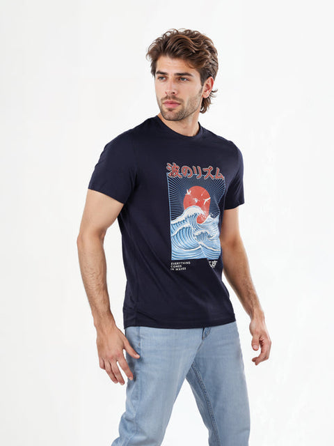 Celio Men's Navy Printed Regular Fit Cotton T-Shirt | Celio In Lebanon