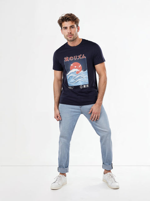 Celio Men's Navy Printed Regular Fit Cotton T-Shirt | Celio In Lebanon