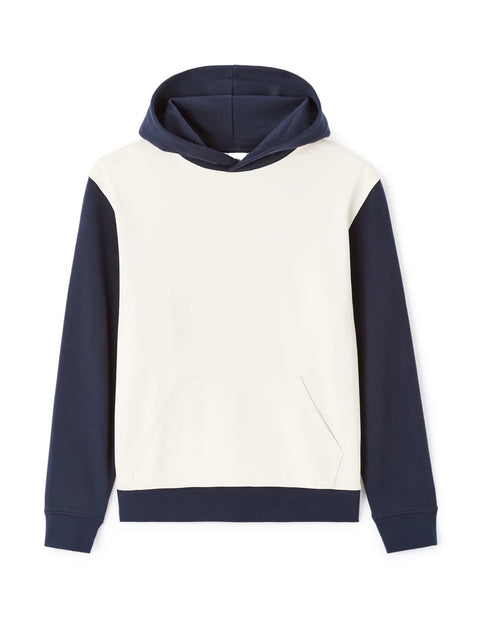 Navy and white hoodie on a white background