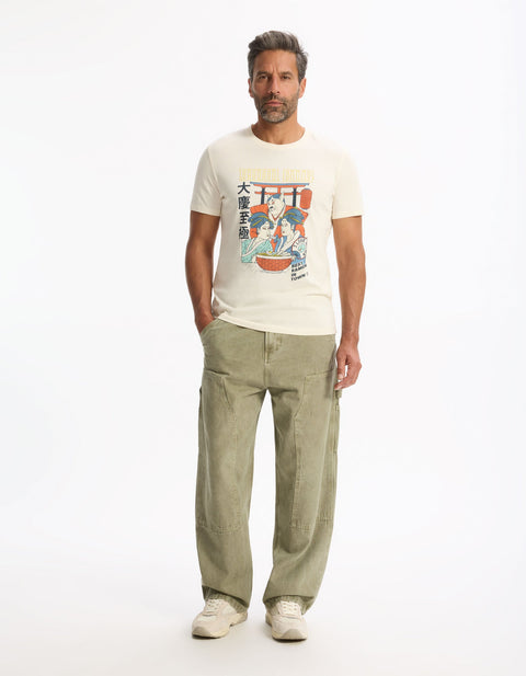 Celio Men’s Beige Printed Straight Round Neck Cotton T-Shirt|Celio In Lebanon