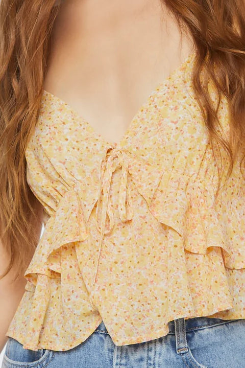 Forever 21 Women's Yellow Floral Printed Ruffle Crop Top  |Forever 21 In Lebanon