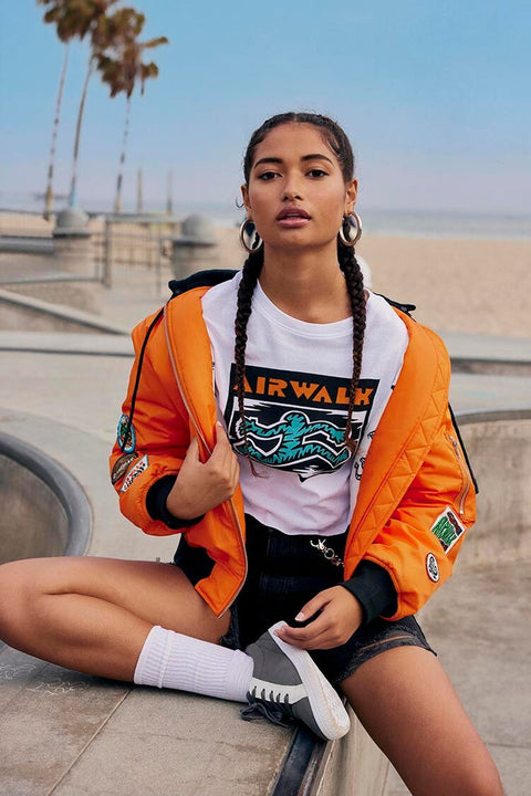 Forever 21 Women's White & Orange Airwalk Graphic Print Long Sleeve Crop Top | Forever 21 In Lebanon