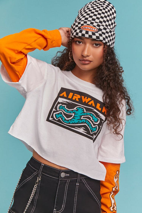 Forever 21 Women's White & Orange Airwalk Graphic Print Long Sleeve Crop Top | Forever 21 In Lebanon