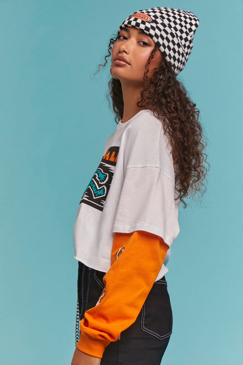 Forever 21 Women's White & Orange Airwalk Graphic Print Long Sleeve Crop Top | Forever 21 In Lebanon