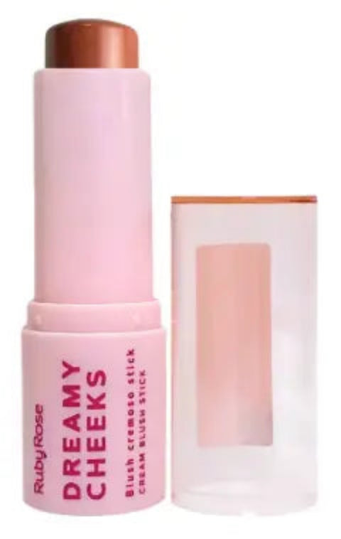 Pink cream stick with 'Dreamy Cheeks' text on a white background