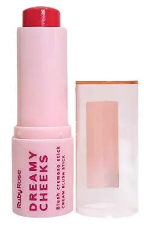 Pink lip balm stick with 'Dreamy Cheeks' text on a white background