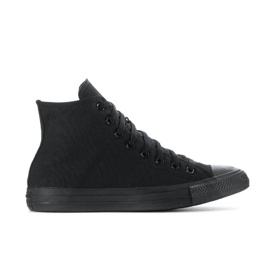 A classic high-top canvas sneaker in all black, featuring a black canvas upper, black laces, a black rubber toe cap, and a black sole, shown in a side profile on a white background.