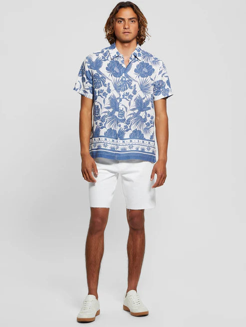 Guess Men's White & Blue Printed Linen Shirt | Guess In Lebanon