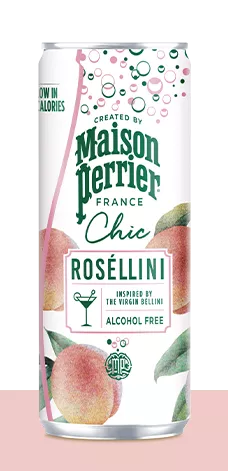 A can of Maison Perrier Chic Sparkling Beverage Rosellini with a depiction of fruits and a straw.
