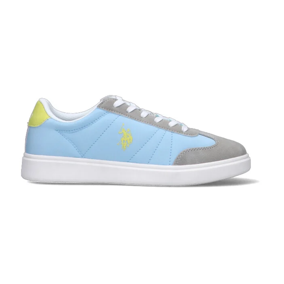 A light blue and gray low-top sneaker with a white sole, featuring a yellow embroidered horse logo on the side and a yellow heel tab, shown against a plain white background.