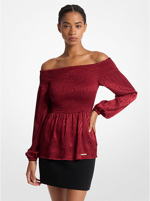 Michael Kors Women's Burgundy Smocked Moiré Jacquard Off-The-Shoulder Top |Michael Kors  In Lebanon