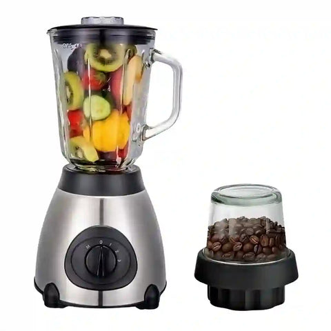 Blender with fruit inside and a separate grinder attachment on a white background