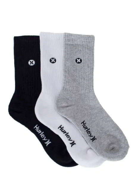 Three pairs of socks in black, white, and gray with Hurley logo on a white background