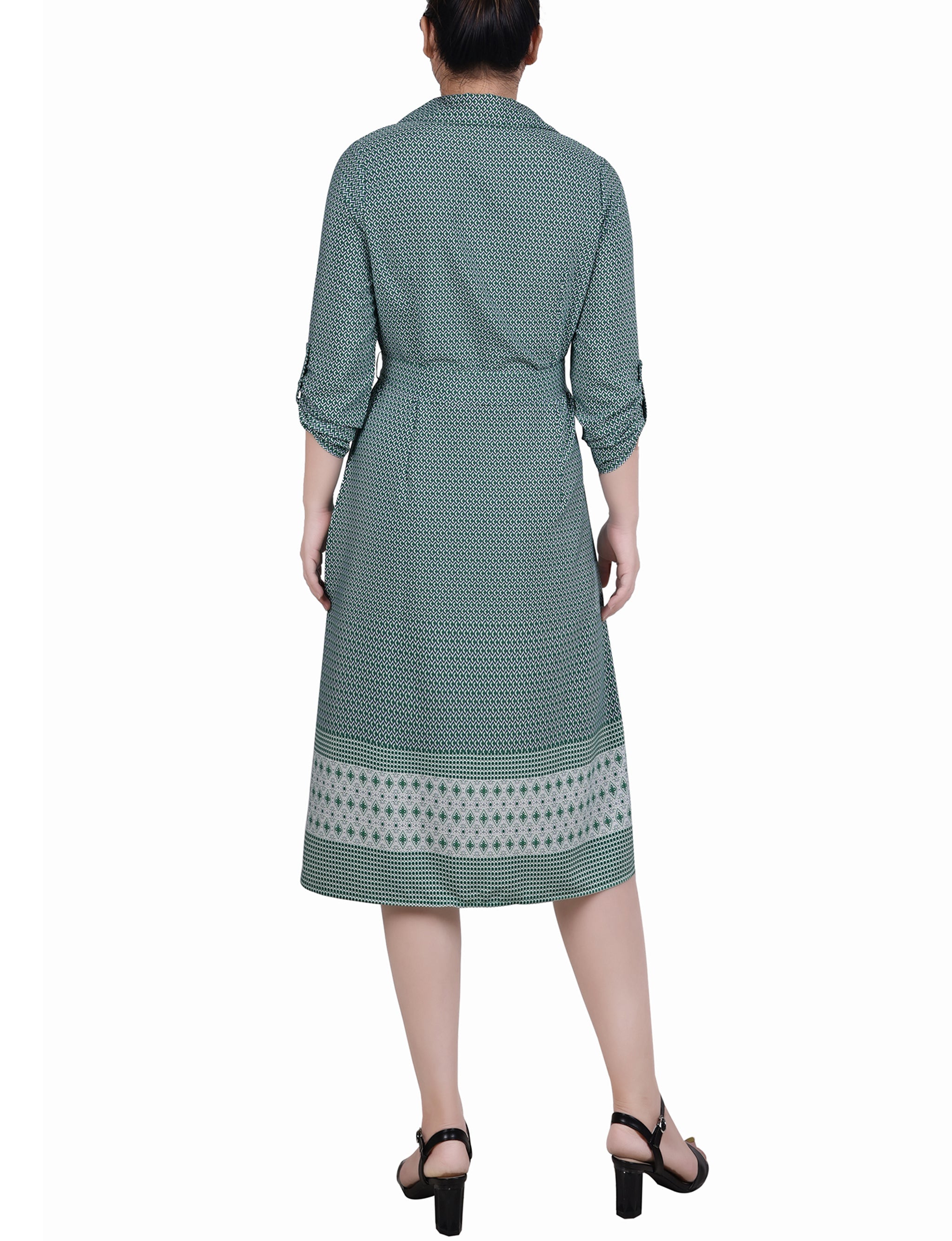 NY Collection Women's Green Printed Plus Size 3/4 Roll Tab Sleeve Belted Shirtdress | NY Collection In Lebanon