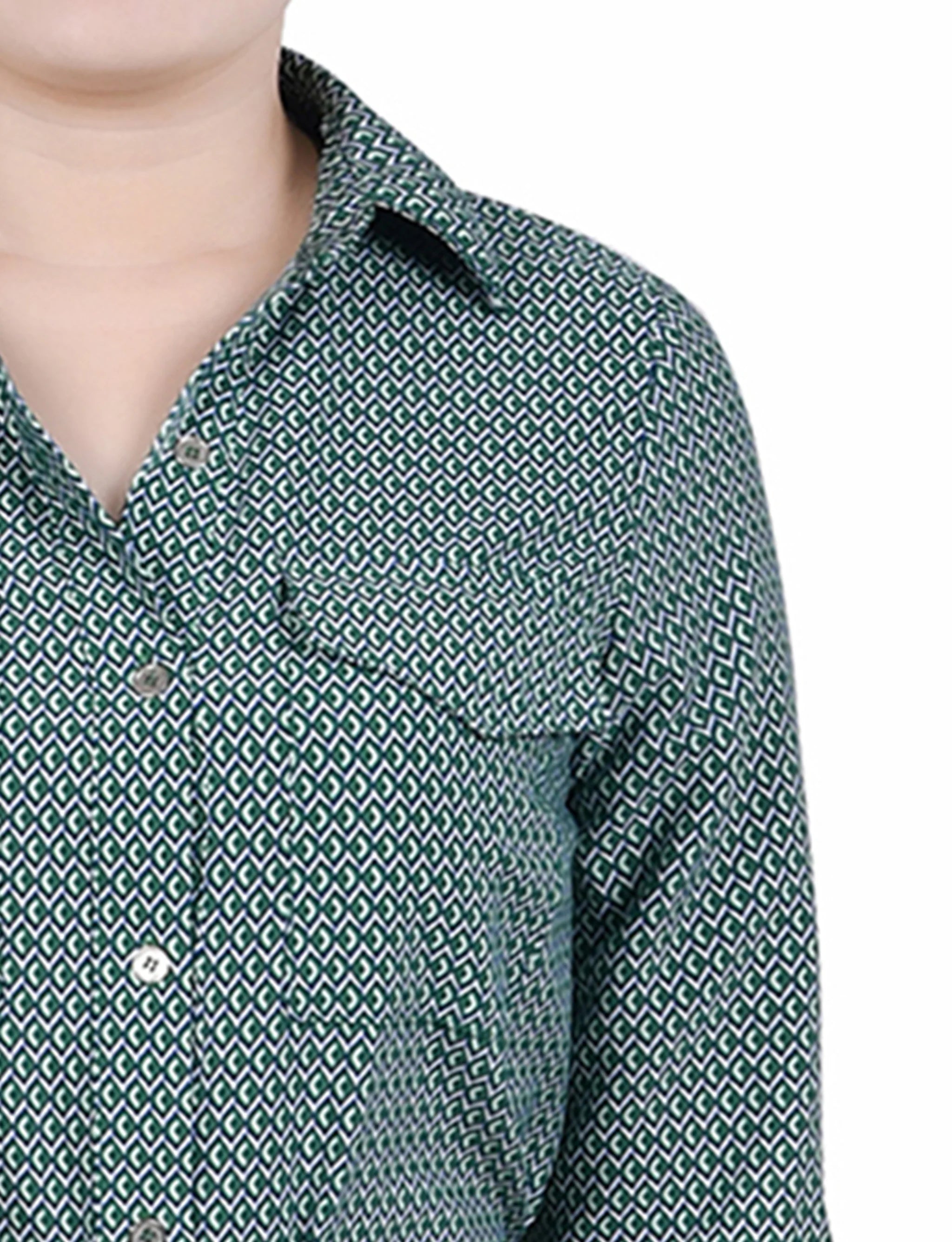 NY Collection Women's Green Printed Plus Size 3/4 Roll Tab Sleeve Belted Shirtdress | NY Collection In Lebanon