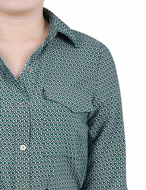 NY Collection Women's Green Printed Plus Size 3/4 Roll Tab Sleeve Belted Shirtdress | NY Collection In Lebanon