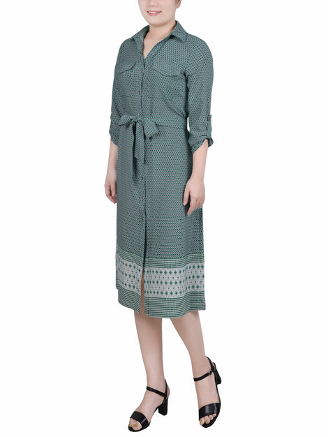 NY Collection Women's Green Printed Plus Size 3/4 Roll Tab Sleeve Belted Shirtdress | NY Collection In Lebanon