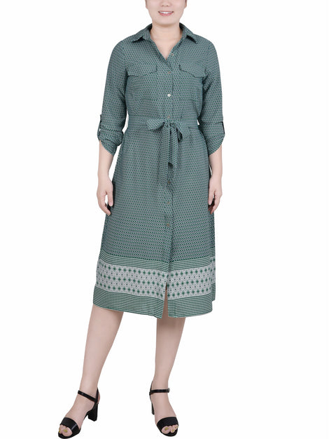 NY Collection Women's Green Printed Plus Size 3/4 Roll Tab Sleeve Belted Shirtdress | NY Collection In Lebanon